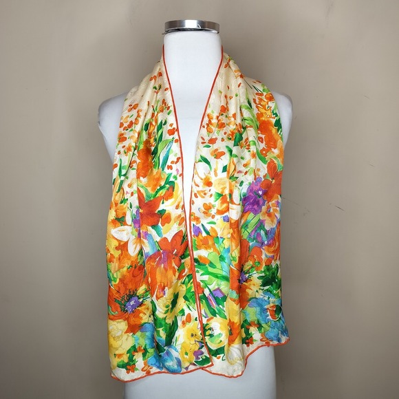 Lauren Ralph Lauren Silk Floral Neck Scarf 52" x 11" Vibrant Artsy - Picture 2 of 9